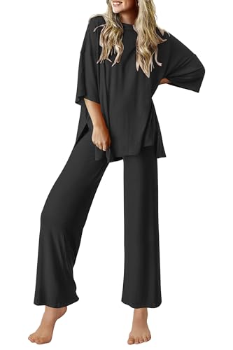 Ekouaer Lounge Sets for Women Short Sleeve Tops and Long Pants Soft Comfy Pajamas Set 2 Piece Outfits,Black,M