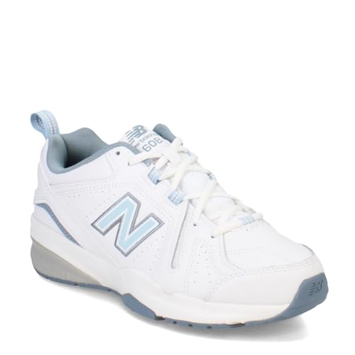 New Balance Women's 608 V5 Casual Comfort Cross Trainer, White/Light Blue, 8.5 Wide