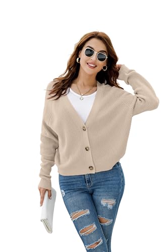 TASAMO Women's Knit Cardigan Sweater Long Sleeve V-Neck Basic Classic Casual Button Down Soft Lightweight Top (Small,Apricot)