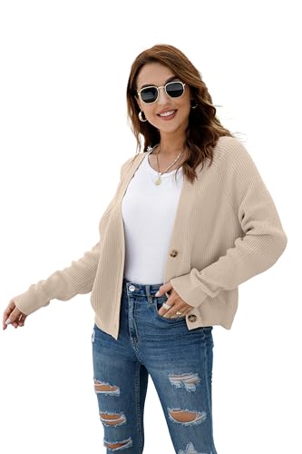 TASAMO Women's Knit Cardigan Sweater Long Sleeve V-Neck Basic Classic Casual Button Down Soft Lightweight Top (Small,Apricot)