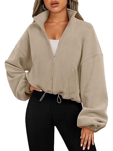 AUTOMET Womens Hoodies Fleece Bomber Jackets Oversized Sweatshirts Winter Sweaters Long Sleeve Fall Crop Coats Puffers Sherpa Trendy Fall Outfits Tops Fashion Clothes 2024 Khaki M