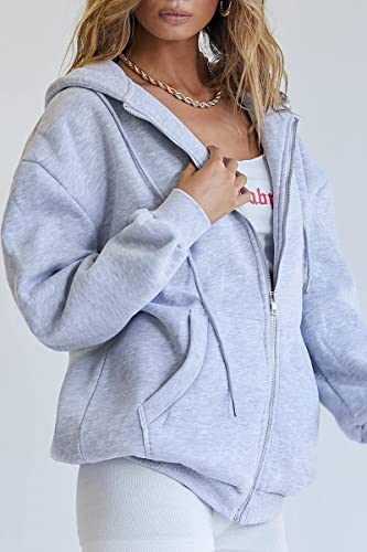 Trendy Queen Hoodies for Women Fall Clothes 2024 Zip up Oversized Sweatshirt Fleece Jackets Long Sleeve Comfy Winter Coats Clothes Teen Girls Fashion Cute Y2K Clothing Grey