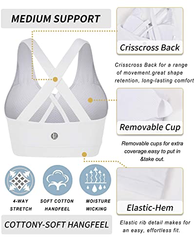 RUNNING GIRL Sports Bra for Women, Criss-Cross Back Padded Strappy Sports Bras Medium Support Yoga Bra with Removable Cups A-white