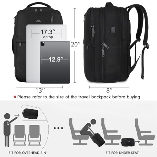 MATEIN Carry on Backpack, Extra Large 40L Flight Approved Travel Laptop Backpack with USB Port, 17 Inch Water Resistant Luggage Computer Daypack College Overnight Weekender Bag for Men & Women, Black