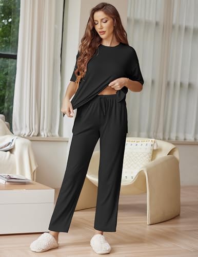 Ekouaer Lounge Sets for Women Short Sleeve Tops and Long Pants Soft Comfy Pajamas Set 2 Piece Outfits,Black,M