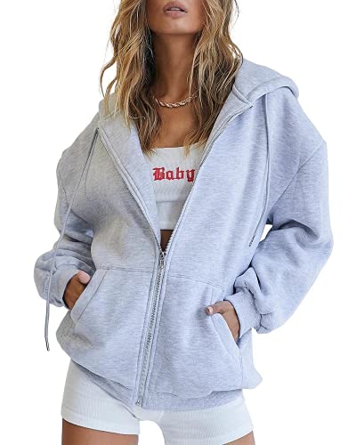 Trendy Queen Hoodies for Women Fall Clothes 2024 Zip up Oversized Sweatshirt Fleece Jackets Long Sleeve Comfy Winter Coats Clothes Teen Girls Fashion Cute Y2K Clothing Grey