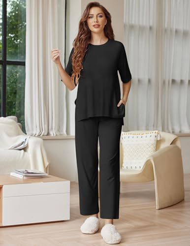 Ekouaer Lounge Sets for Women Short Sleeve Tops and Long Pants Soft Comfy Pajamas Set 2 Piece Outfits,Black,M