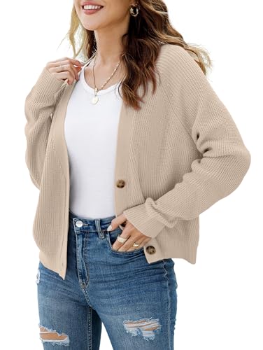 TASAMO Women's Knit Cardigan Sweater Long Sleeve V-Neck Basic Classic Casual Button Down Soft Lightweight Top (Small,Apricot)