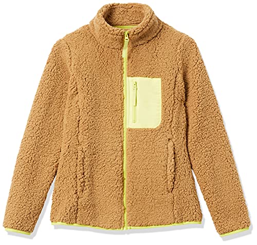 Amazon Essentials Women's Sherpa Long-Sleeve Mock Neck Full-Zip Jacket with Woven Trim (Available in Plus Size), Camel Neon Yellow Color Block, X-Large