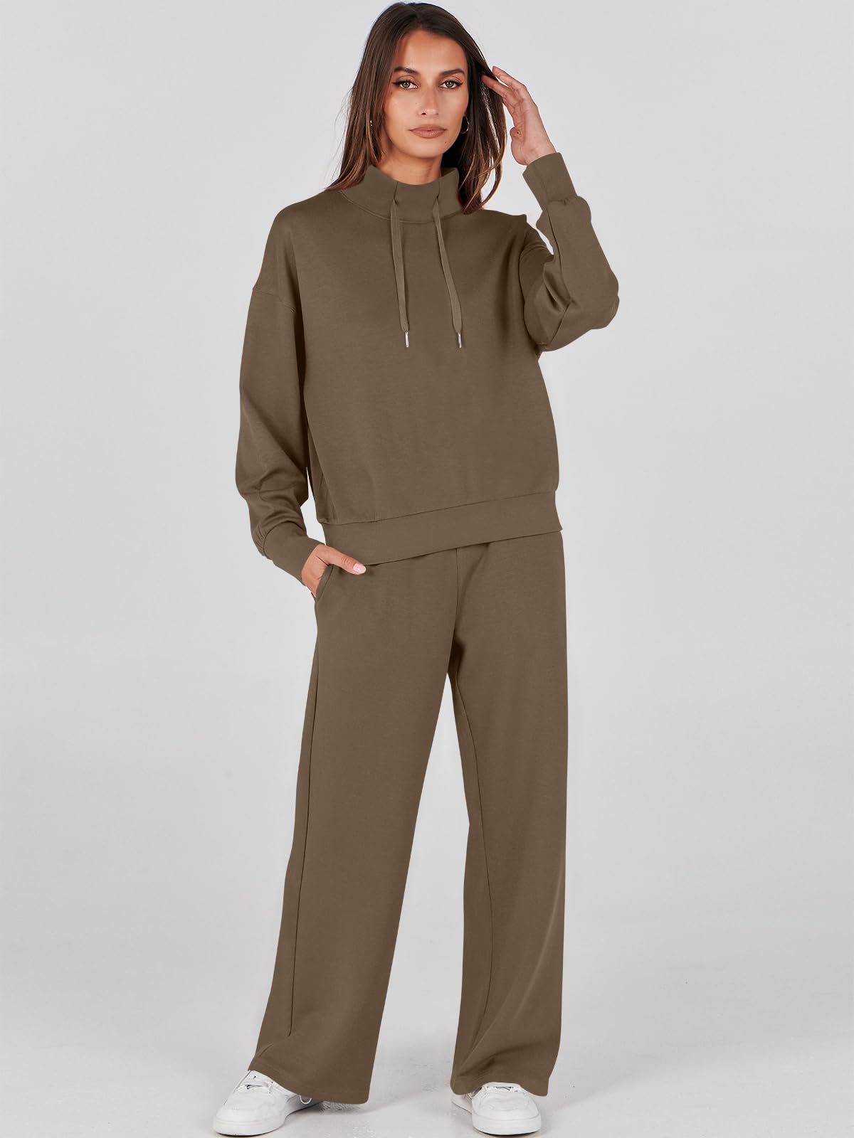 ANRABESS Womens 2 Piece Outfits Sweatsuit Set 2024 Fall Drawstring Sweatshirt Wide Leg Sweatpant Lounge Set Tracksuit Brown Small