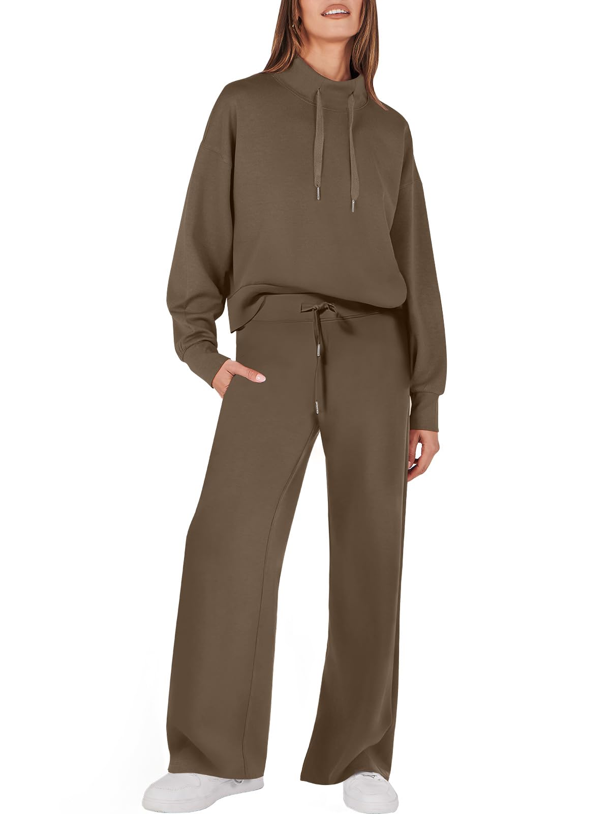 ANRABESS Womens 2 Piece Outfits Sweatsuit Set 2024 Fall Drawstring Sweatshirt Wide Leg Sweatpant Lounge Set Tracksuit Brown Small