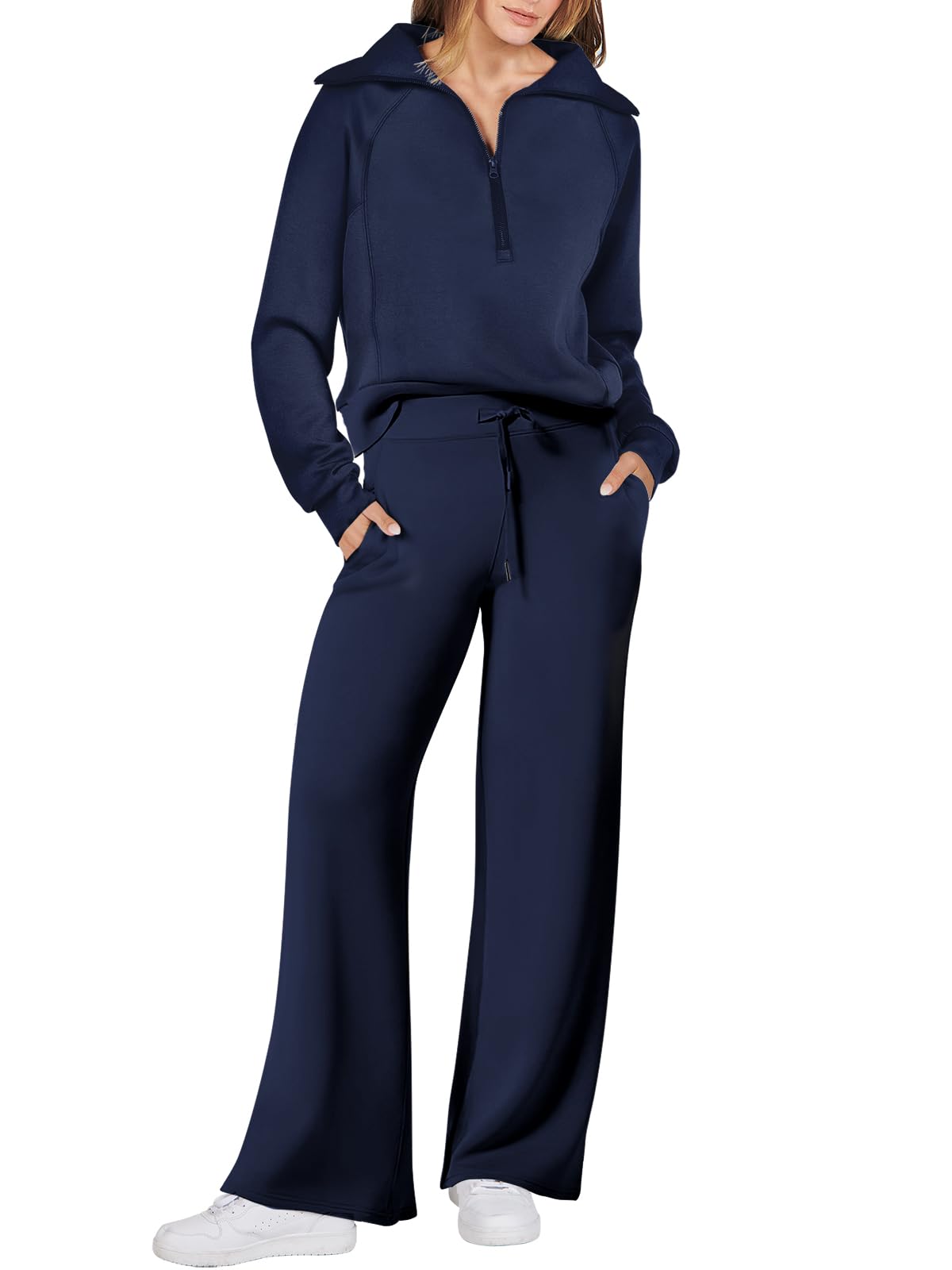 ANRABESS Women 2 Piece Outfits Sweatsuit Oversized Sweatshirt Sweatpants Tracksuit Sweat Lounge Matching Set 2024 Fall Trendy Navy Blue Medium