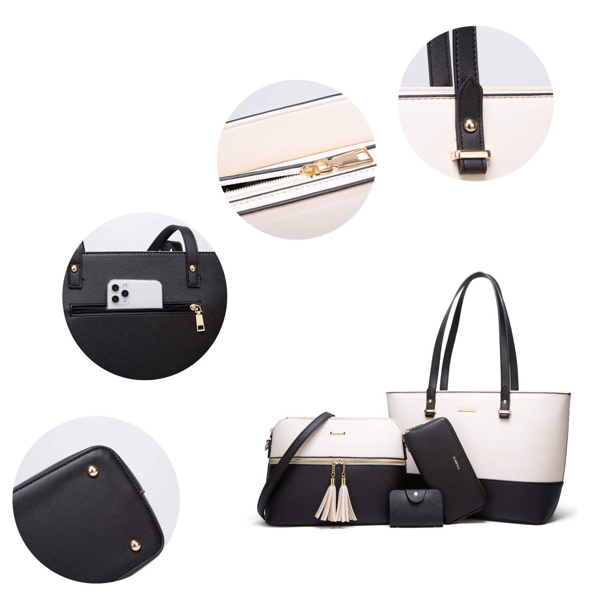 Women Fashion Synthetic Leather Handbags Tote Bag Shoulder Bag Top Handle Satchel Purse Set 4pcs