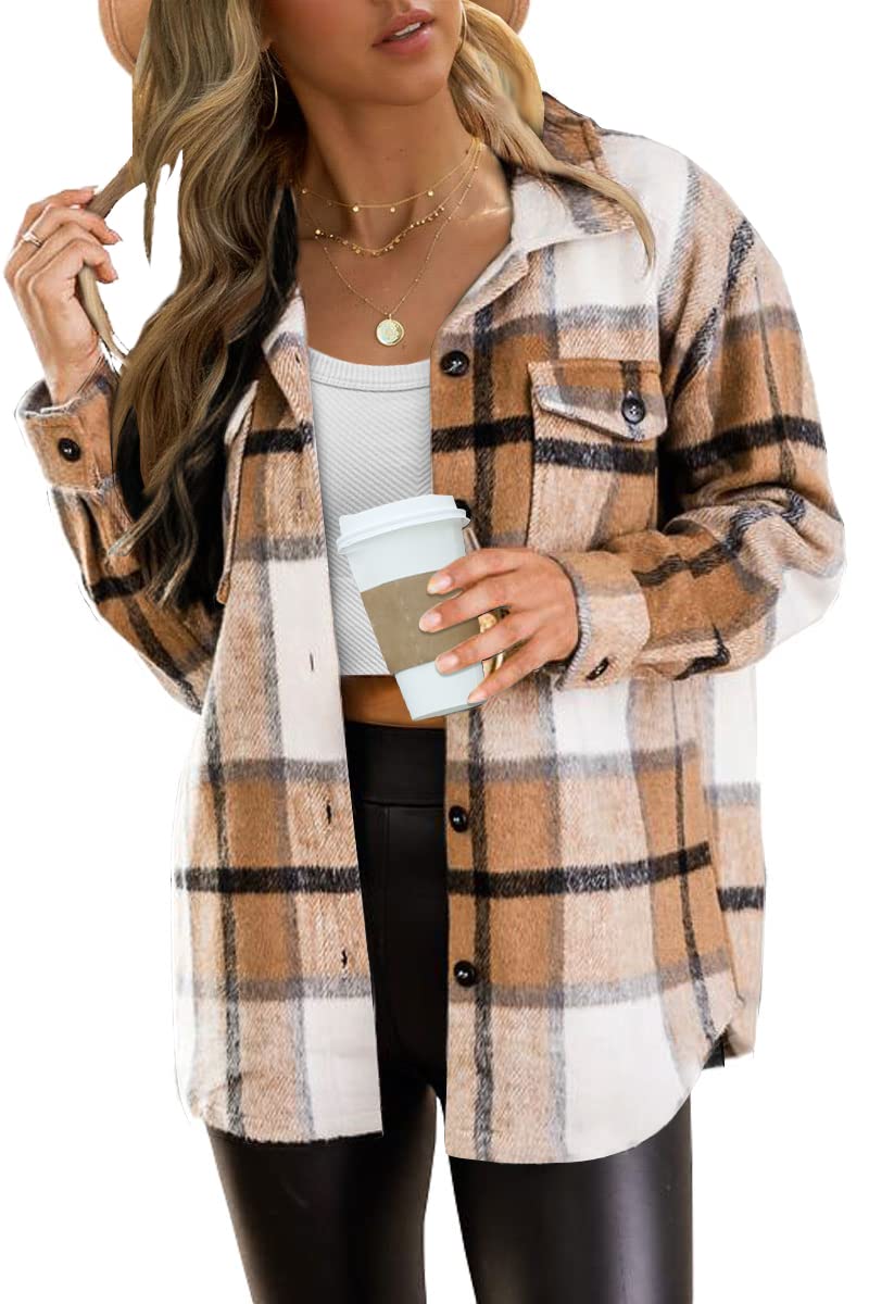 AUTOMET Womens Fall Outfits Fashion Clothes Shackets Flannel Plaid Button Down Long Sleeve Shirts Jackets 2024 Apricot XL