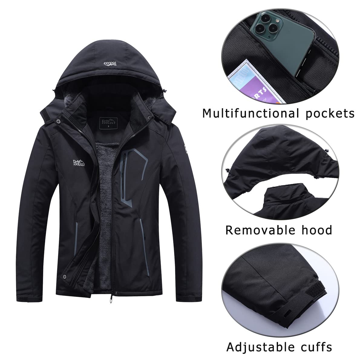 Pooluly Women's Ski Jacket Warm Winter Waterproof Windbreaker Hooded Raincoat Snowboarding Jackets Black-XL