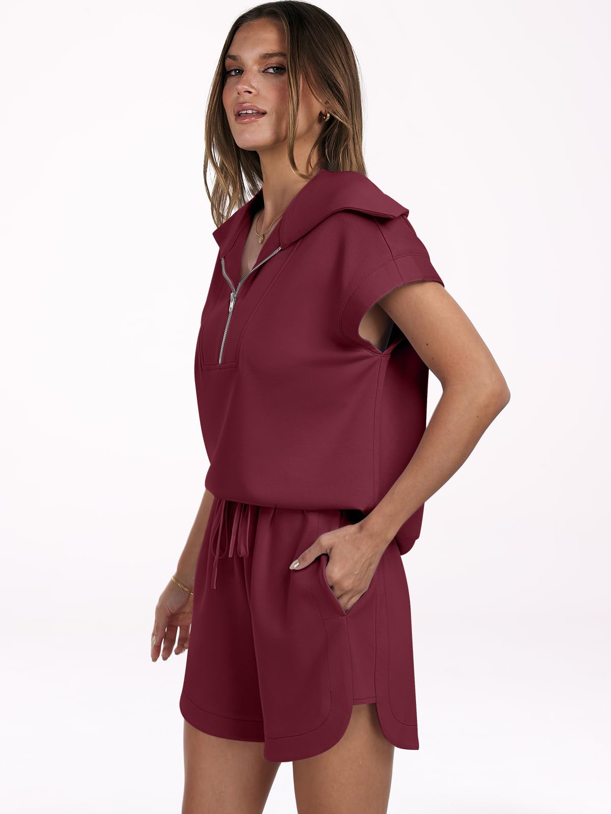 ANRABESS Two Piece Sets for Women Summer Half Zip Short Set Sweatsuit 2 Piece Outfits Sweat Lounge Sets Tracksuit wine red Medium