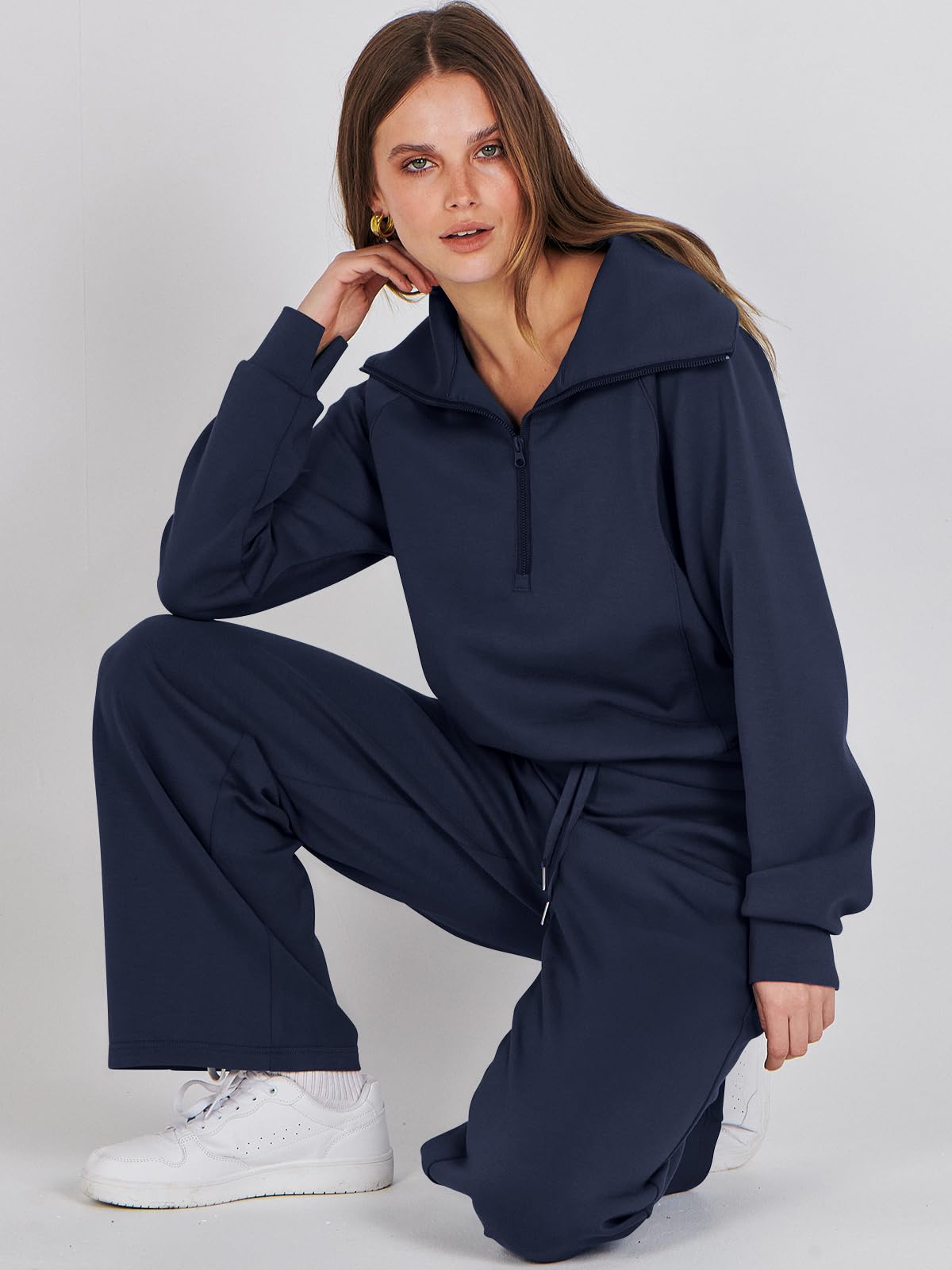 ANRABESS Women 2 Piece Outfits Sweatsuit Oversized Sweatshirt Sweatpants Tracksuit Sweat Lounge Matching Set 2024 Fall Trendy Navy Blue Medium