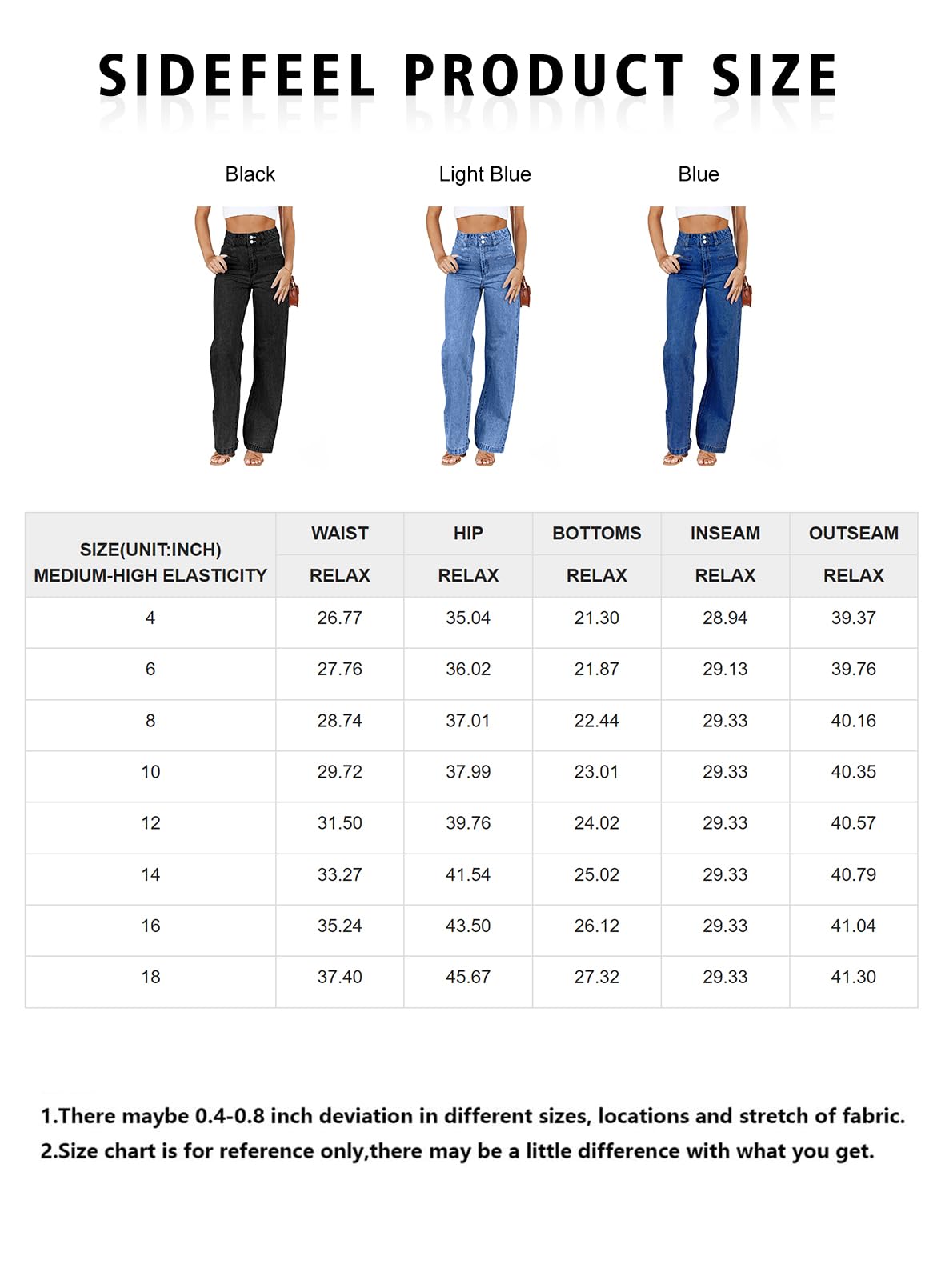 Sidefeel Women's Wide Leg Jeans High Waisted Straight Leg Stretchy Jeans Tummy Control Trendy Loose Ankle Jeans Sky Blue Size 8