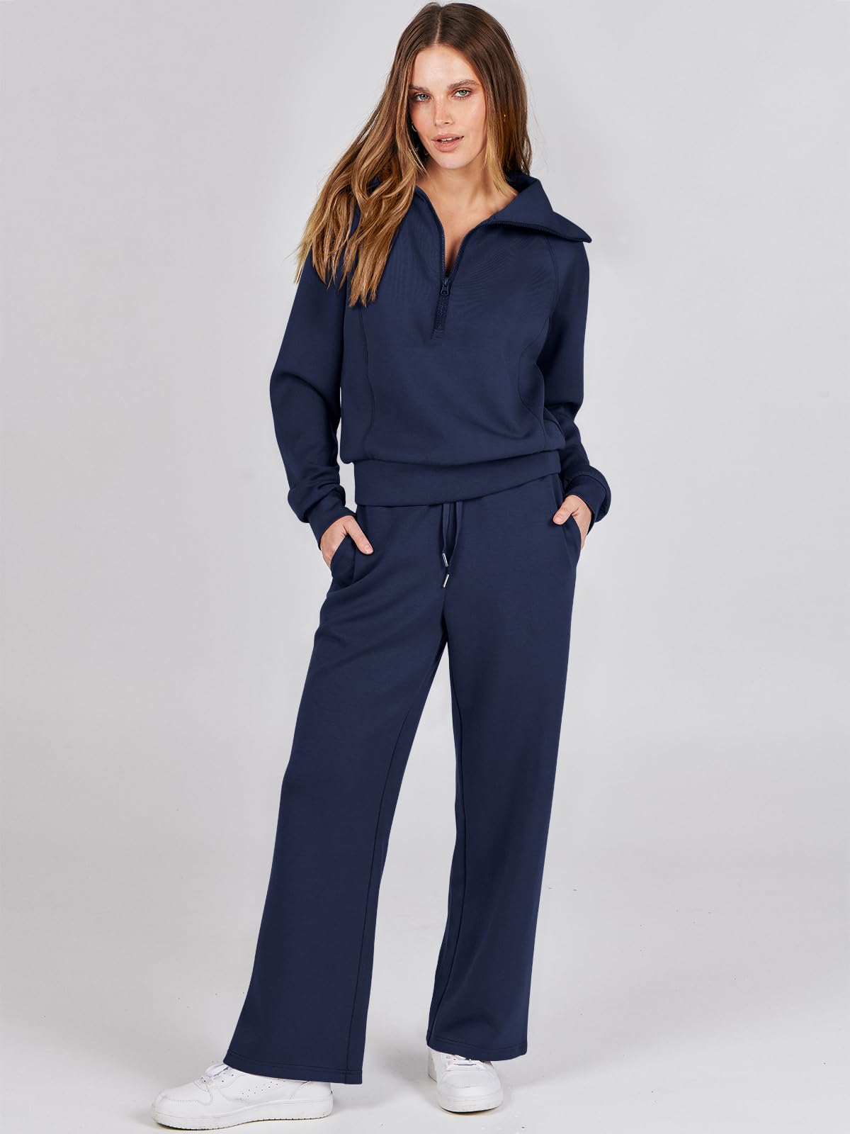 ANRABESS Women 2 Piece Outfits Sweatsuit Oversized Sweatshirt Sweatpants Tracksuit Sweat Lounge Matching Set 2024 Fall Trendy Navy Blue Medium