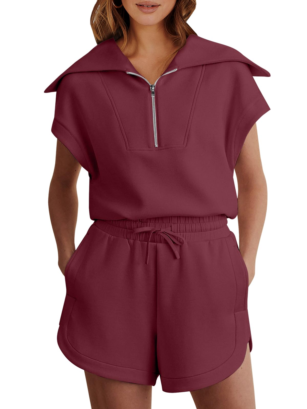 ANRABESS Two Piece Sets for Women Summer Half Zip Short Set Sweatsuit 2 Piece Outfits Sweat Lounge Sets Tracksuit wine red Medium