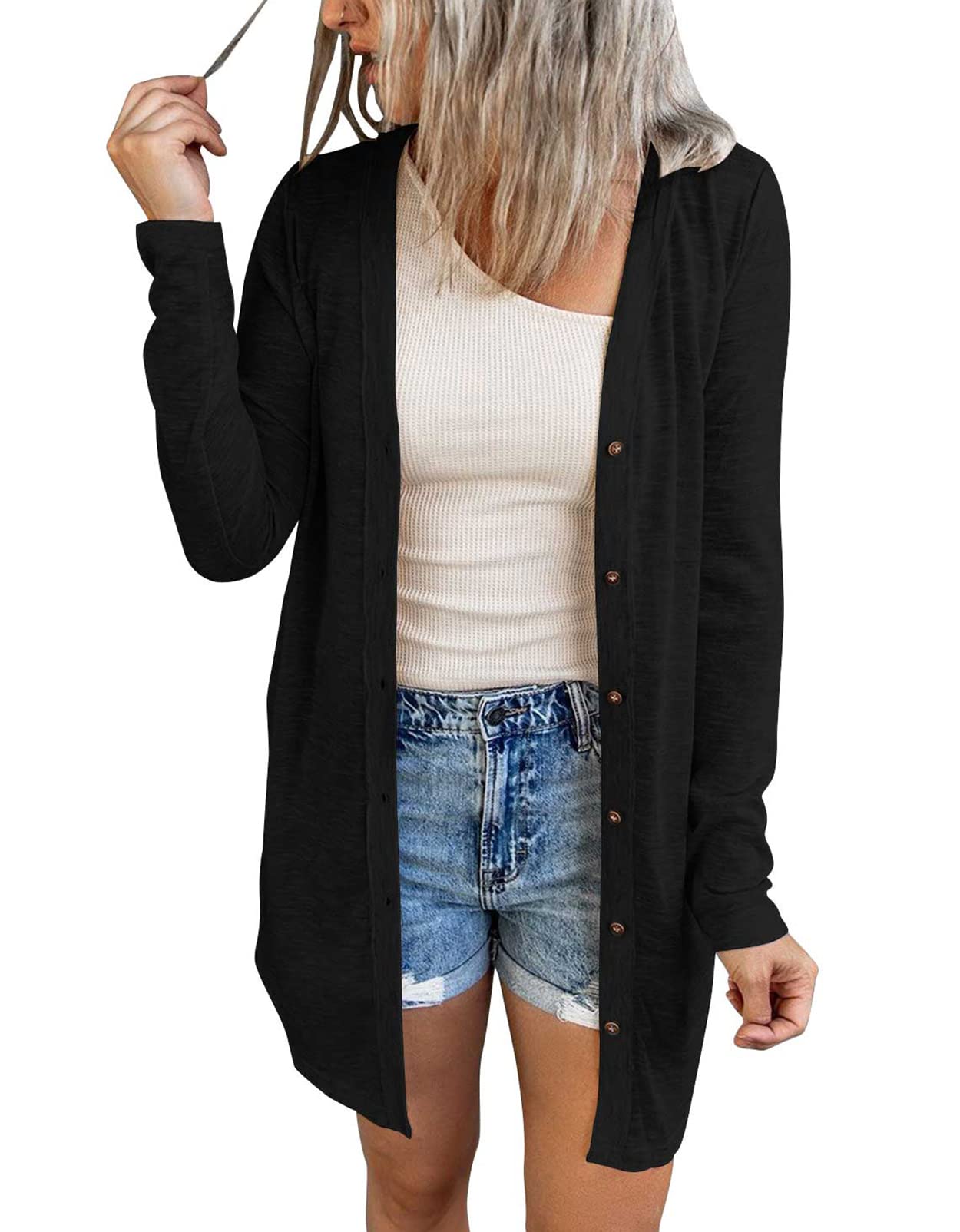 MEROKEETY Women's Open Front Lightweight Cardigan Long Sleeve Button Down Loose Outwear, Black, L