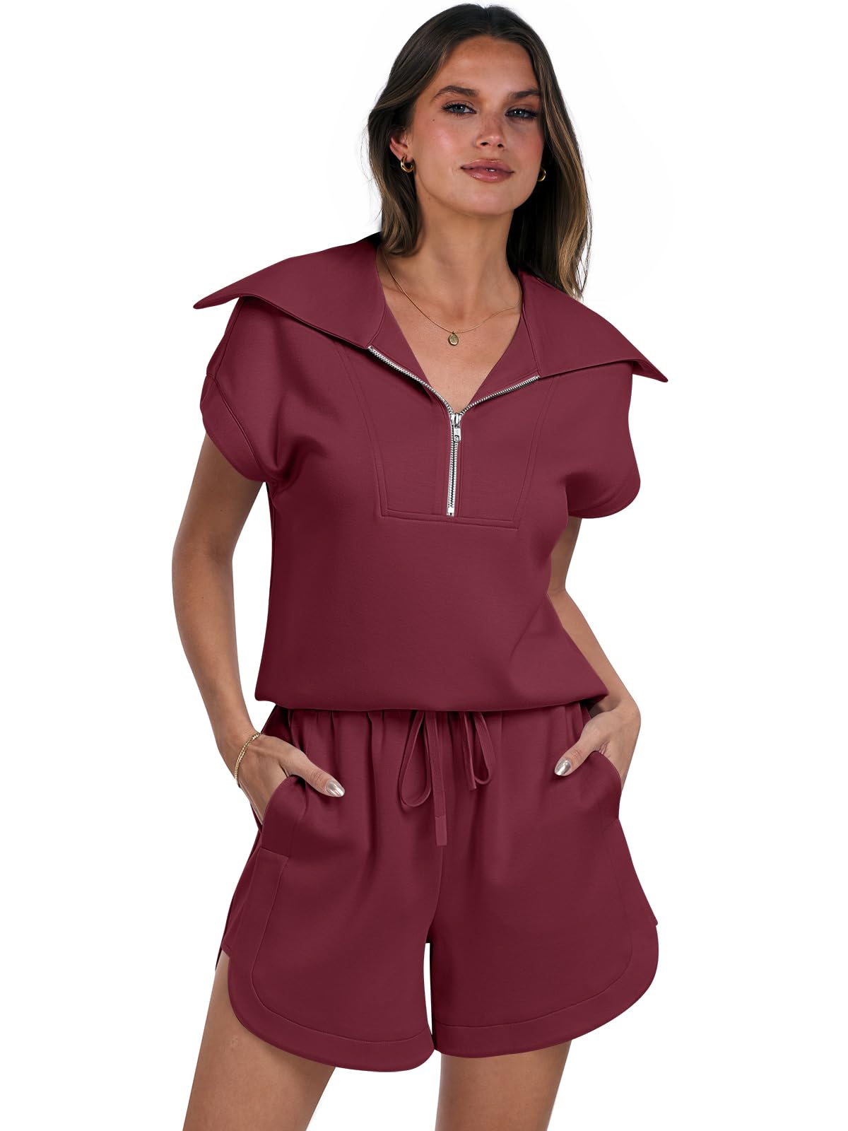 ANRABESS Two Piece Sets for Women Summer Half Zip Short Set Sweatsuit 2 Piece Outfits Sweat Lounge Sets Tracksuit wine red Medium