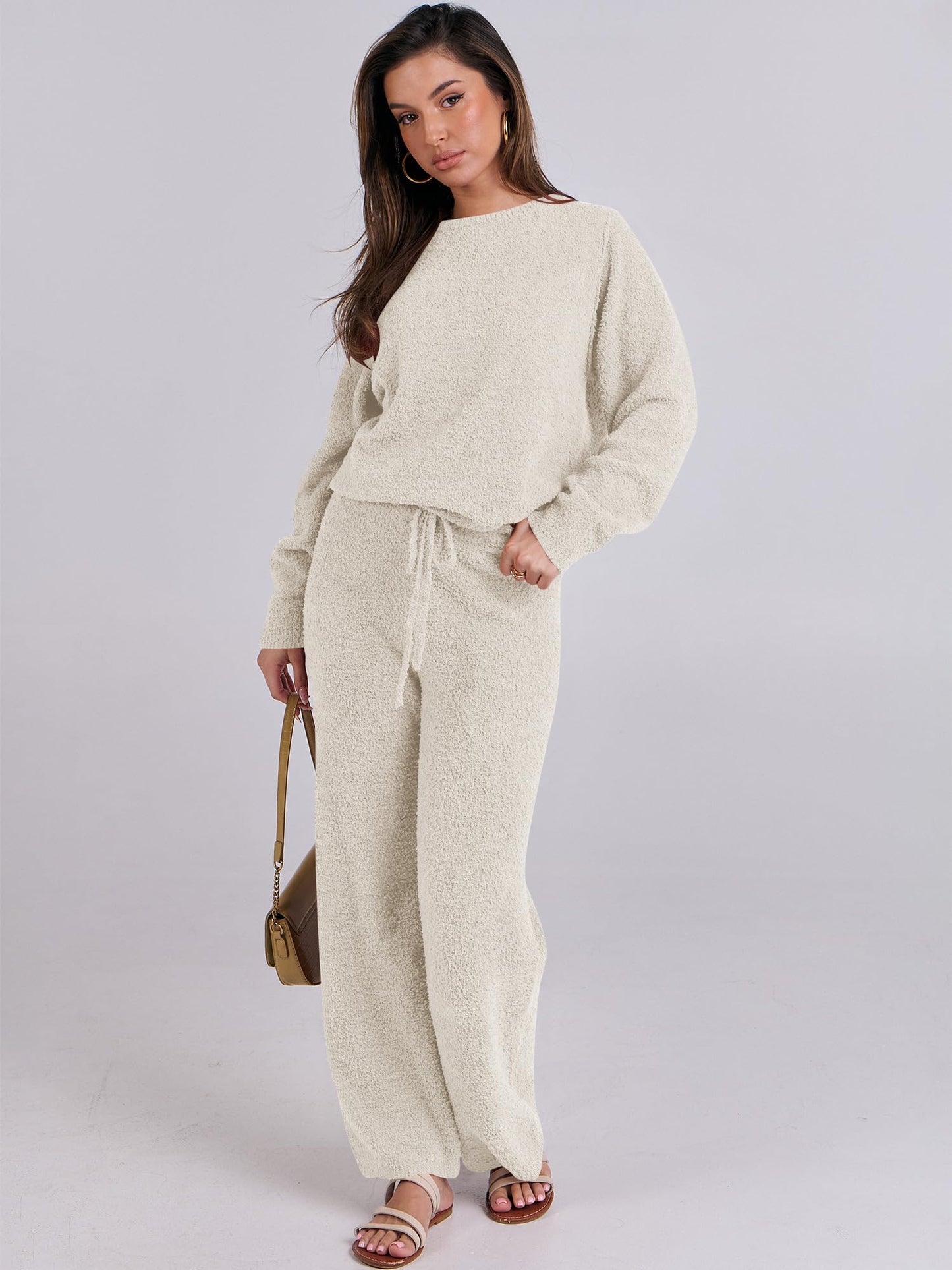 ANRABESS Womens 2 Piece Outfits Fuzzy Fleece Pajama Sets Long Sleeve Top Wide Leg Pants Lounge Matching Set 2024 Fall Trendy Beige Large