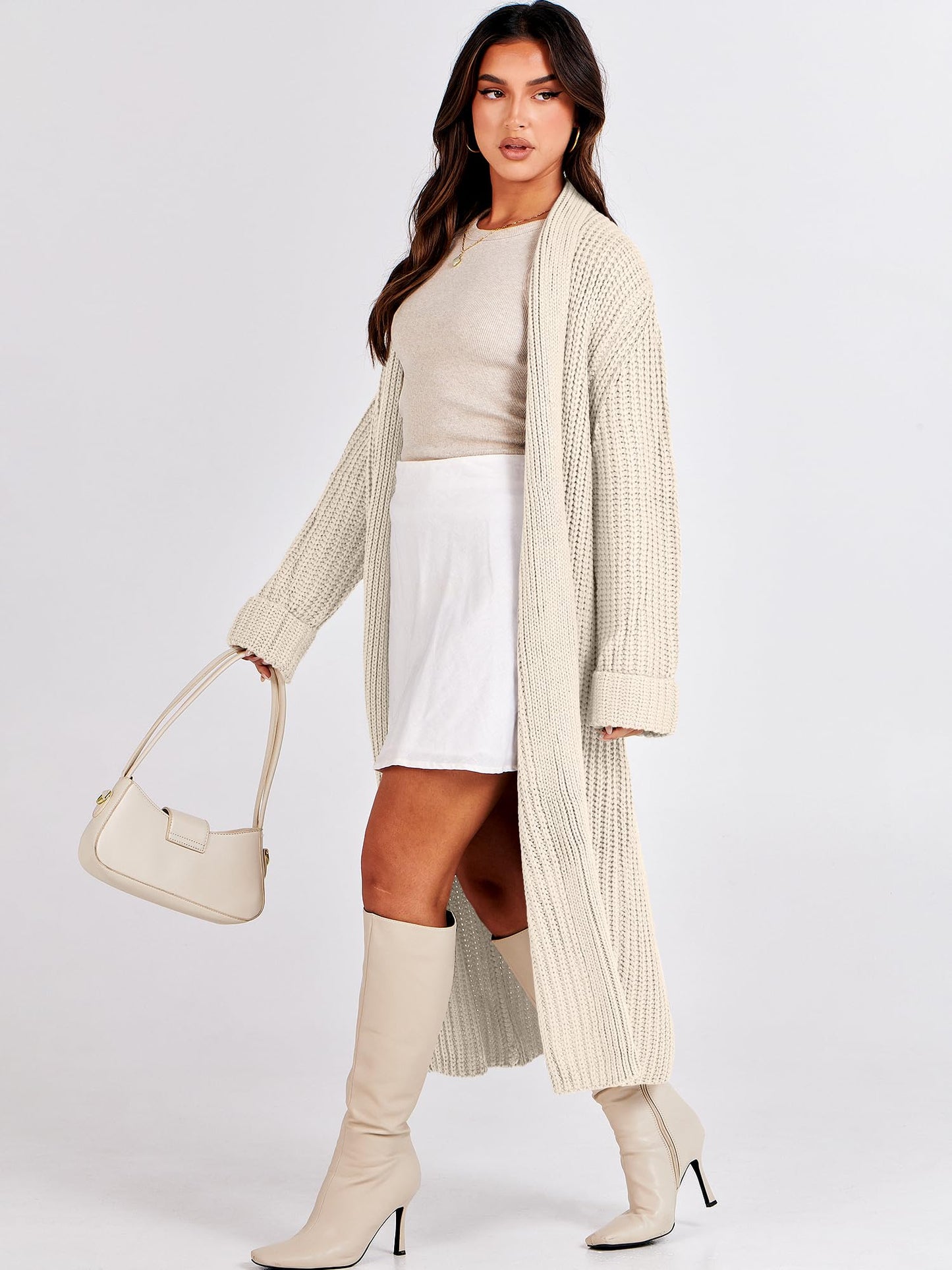 ANRABESS Women Knit Long Cardigan Long Sleeve Open Front Lapel Oversized Sweater Coat 2024 Fall Duster Outerwear Clothes Beige Medium