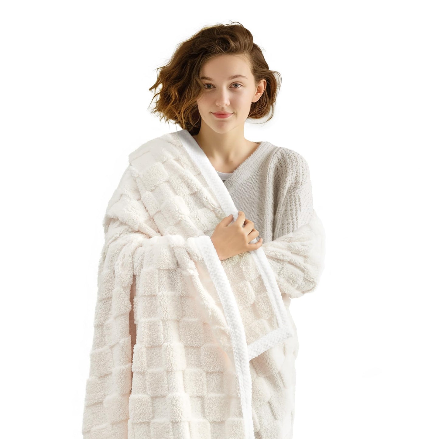 BEDELITE Super Soft Throw Blanket for Couch and Bed, Lightweight Cozy Fluffy Decorative 3D Checkered Blanket, Warm and Fuzzy Fleece Blanket for Camping, Travel(Cream, 50"x60")