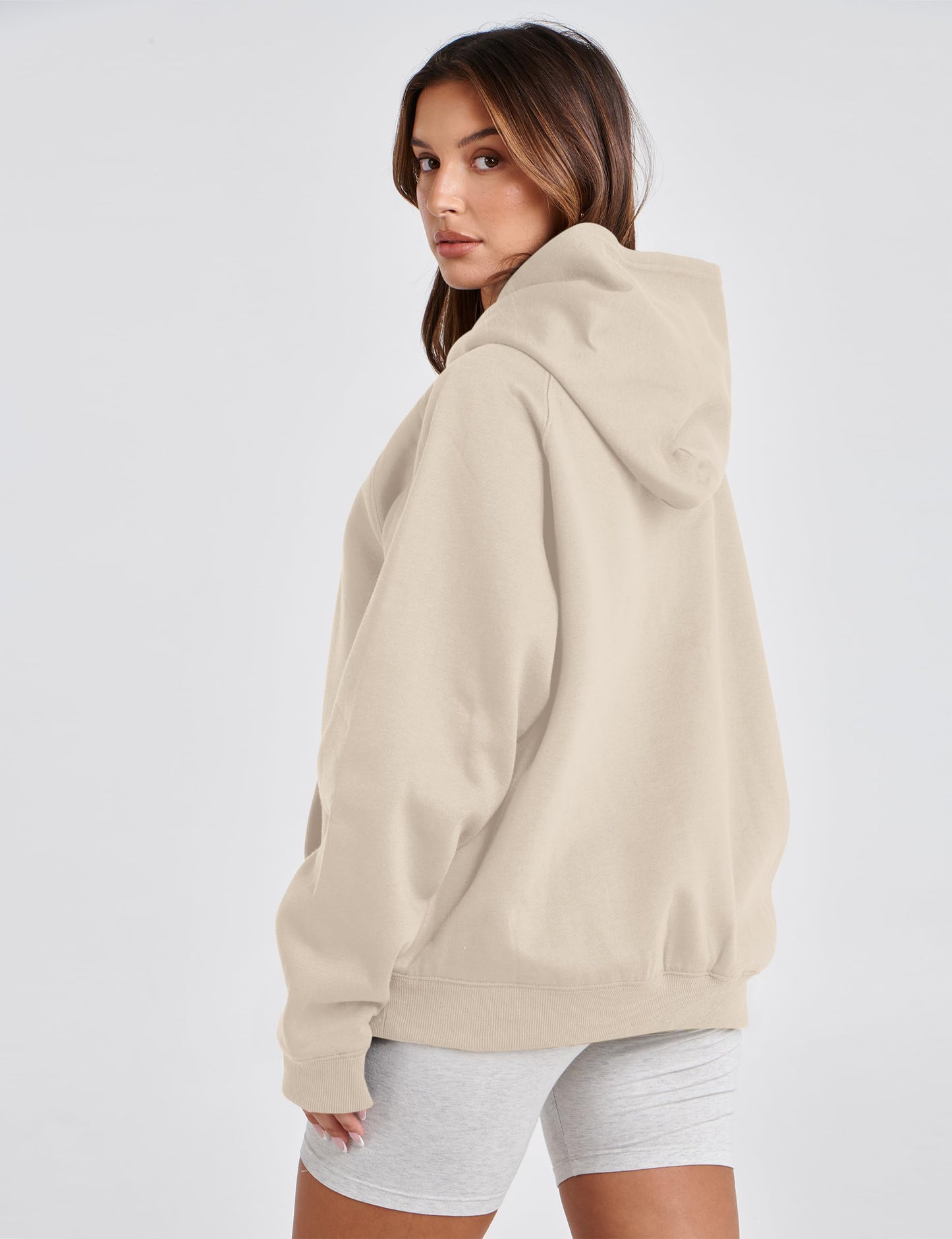 Lauweion Women Solid Basic Fleece Letter Loose Hoodie Sweatshirt Long Sleeve Kangaroo Pocket Drop Shoulder Pullovers Top Khaki