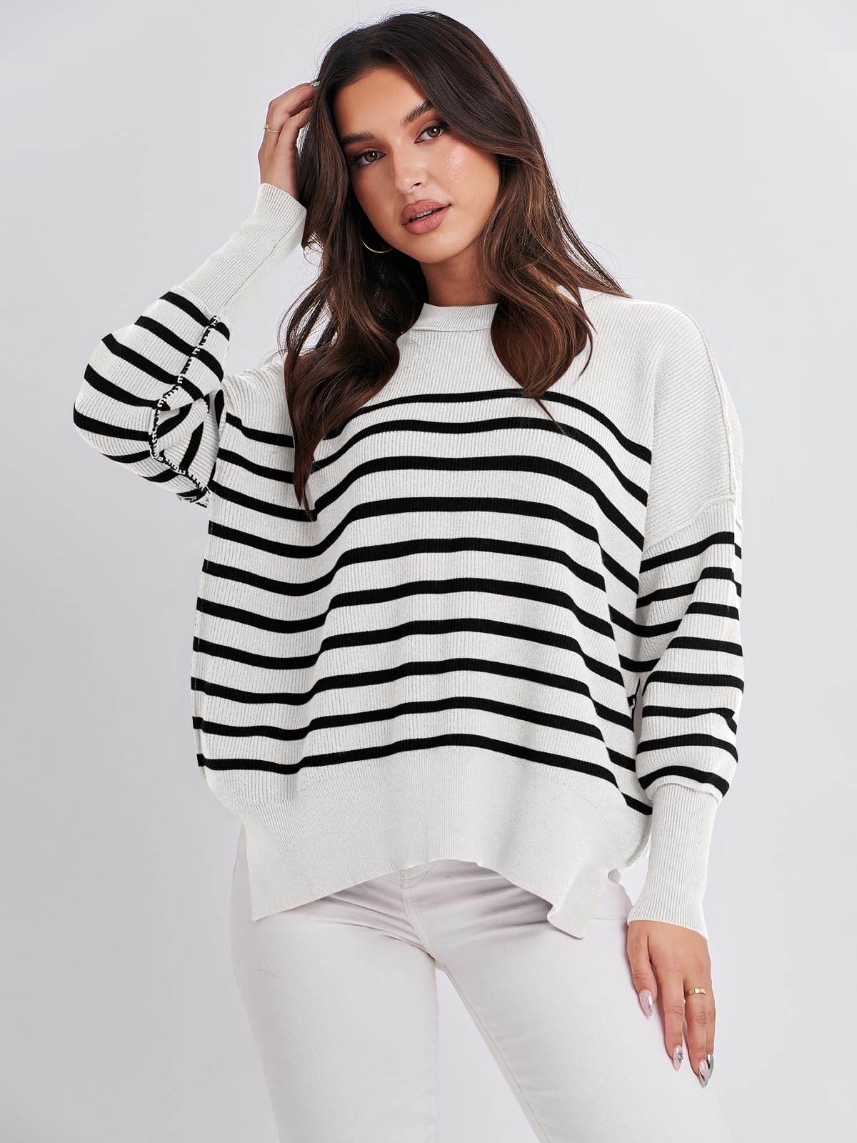 ANRABESS Womens Oversized Sweaters Fall 2024 Fashion Crewneck Batwing Long Sleeve Side Slit Knit Pullover Sweater Tops Stripe Black-M