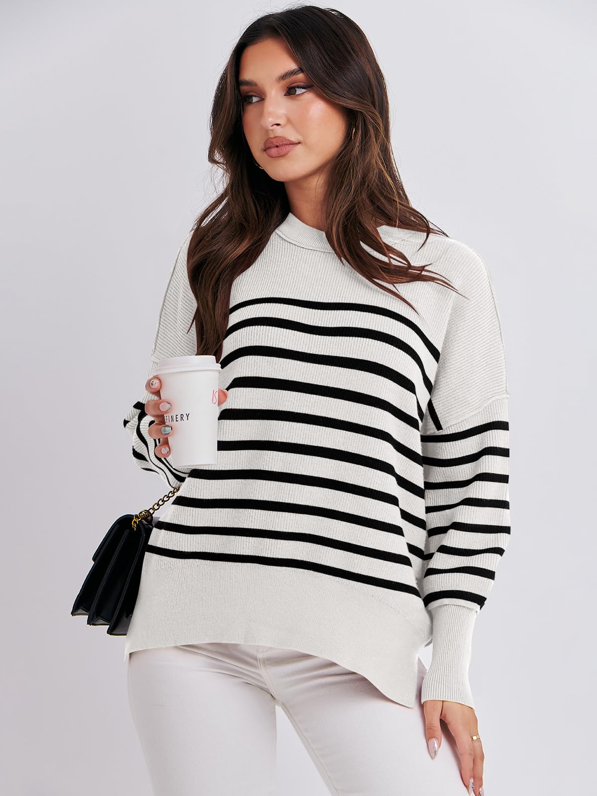 ANRABESS Womens Oversized Sweaters Fall 2024 Fashion Crewneck Batwing Long Sleeve Side Slit Knit Pullover Sweater Tops Stripe Black-M