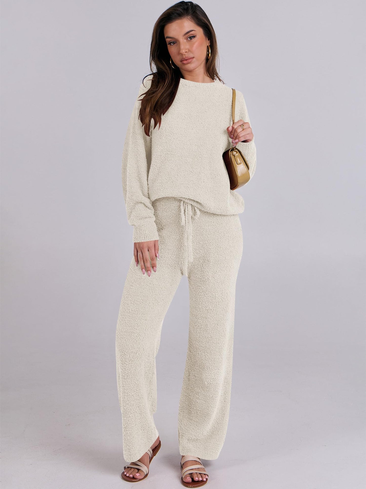 ANRABESS Womens 2 Piece Outfits Fuzzy Fleece Pajama Sets Long Sleeve Top Wide Leg Pants Lounge Matching Set 2024 Fall Trendy Beige Large