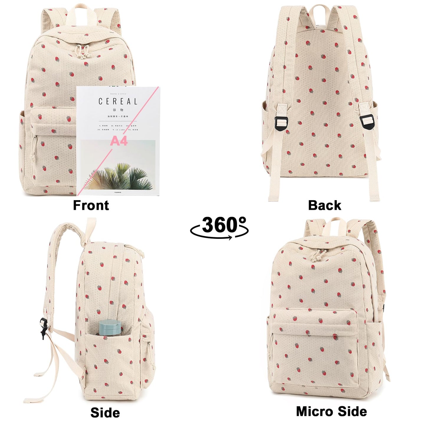 School Backpack for Teen Girls Bookbags Elementary High School Corduroy Laptop Bags Women Travel Daypacks (Strawberry Beige)