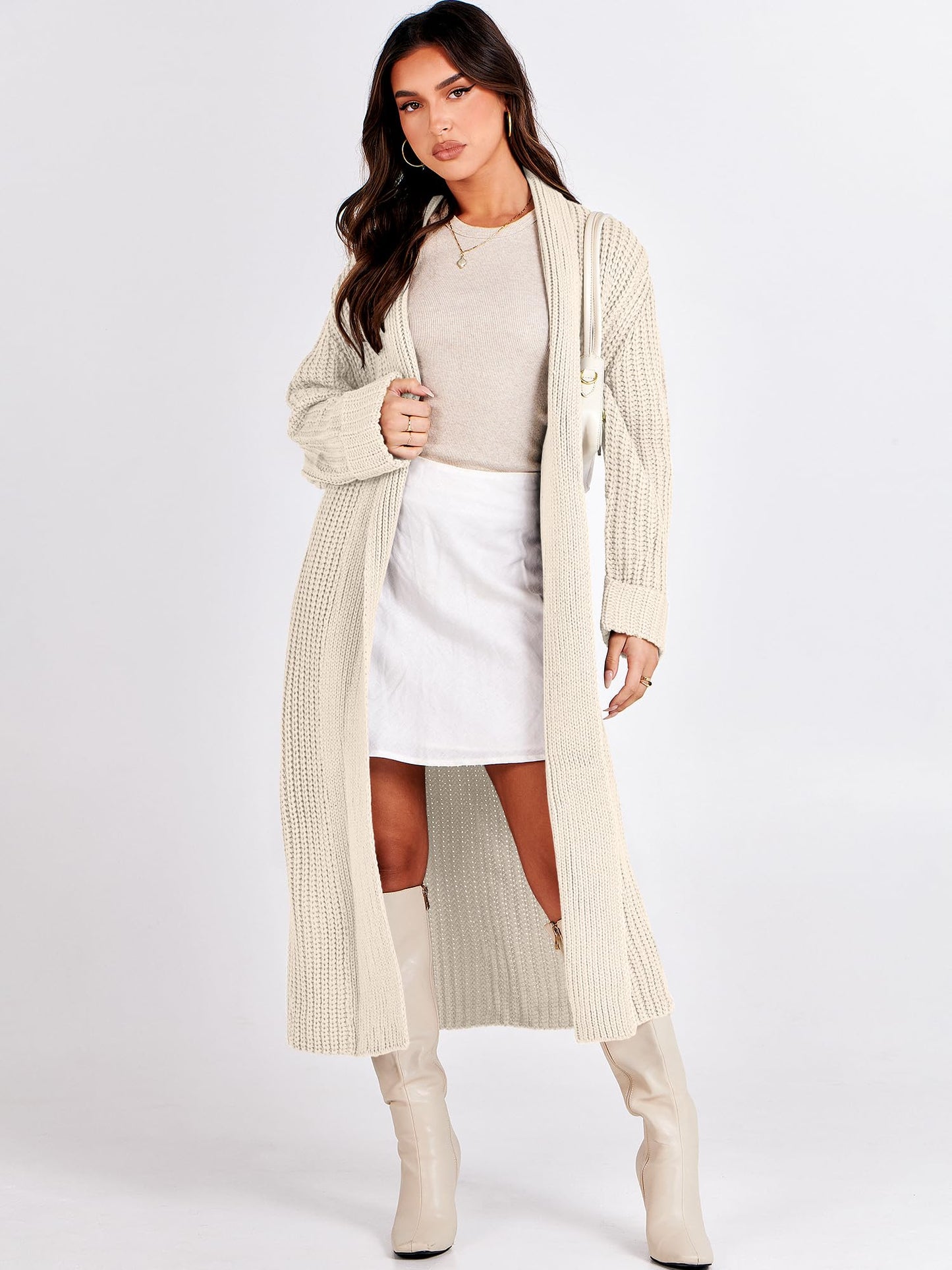 ANRABESS Women Knit Long Cardigan Long Sleeve Open Front Lapel Oversized Sweater Coat 2024 Fall Duster Outerwear Clothes Beige Medium