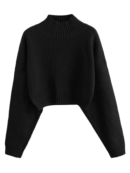 ZAFUL Women's Cropped Turtleneck Sweater Lantern Sleeve Ribbed Knit Pullover Sweater Jumper (0-Black, M)