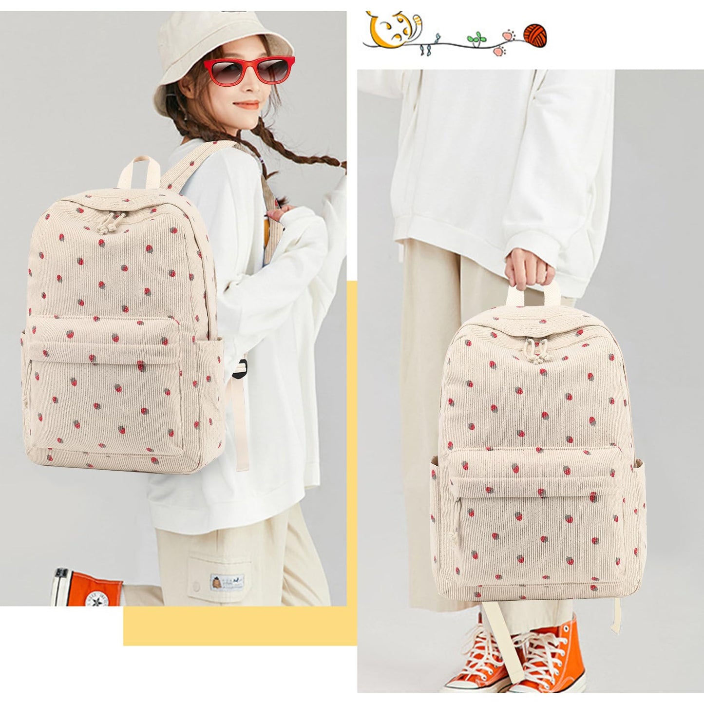 School Backpack for Teen Girls Bookbags Elementary High School Corduroy Laptop Bags Women Travel Daypacks (Strawberry Beige)