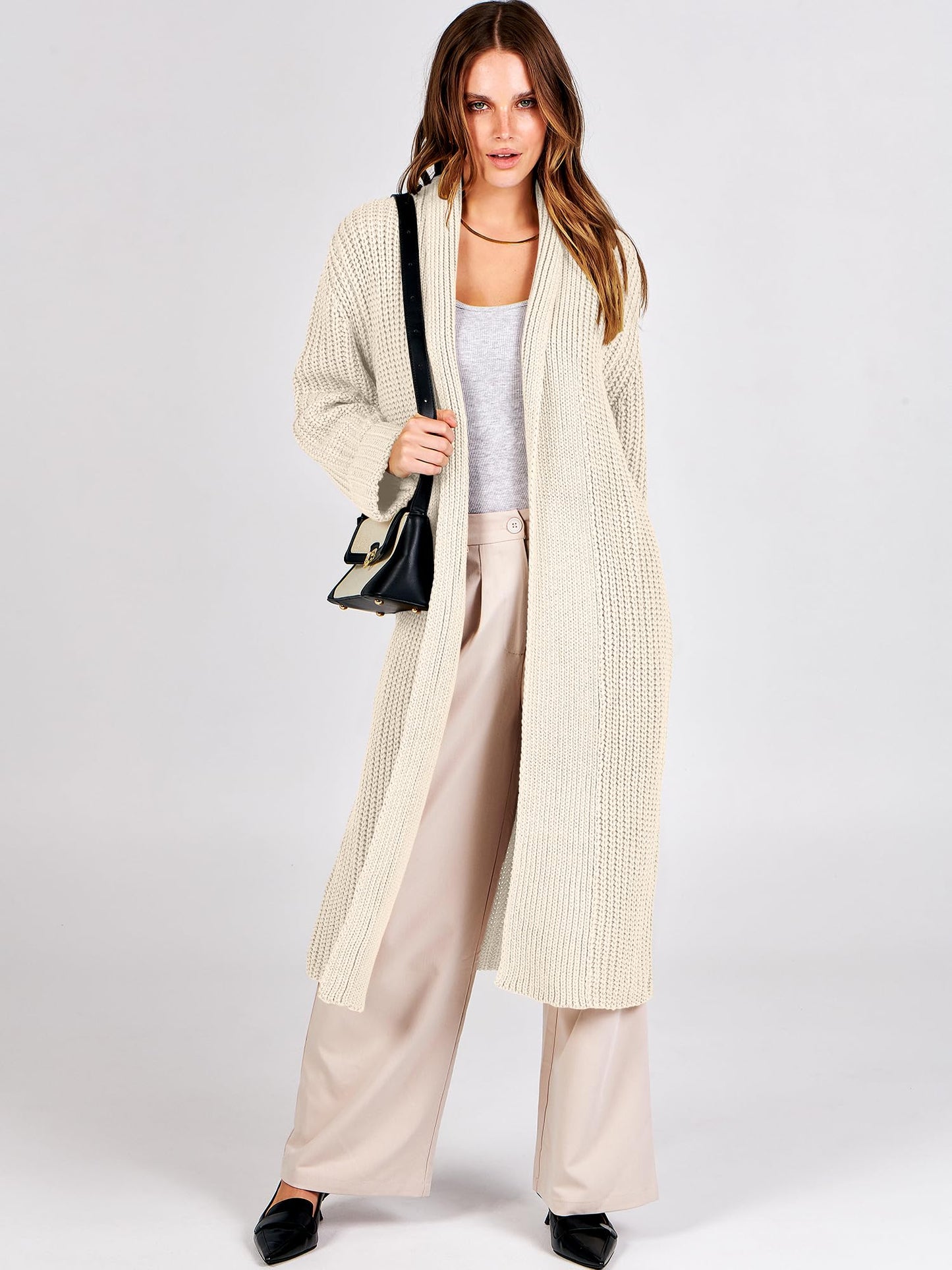 ANRABESS Women Knit Long Cardigan Long Sleeve Open Front Lapel Oversized Sweater Coat 2024 Fall Duster Outerwear Clothes Beige Medium