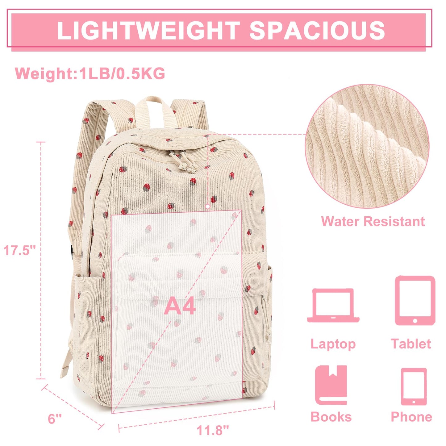 School Backpack for Teen Girls Bookbags Elementary High School Corduroy Laptop Bags Women Travel Daypacks (Strawberry Beige)