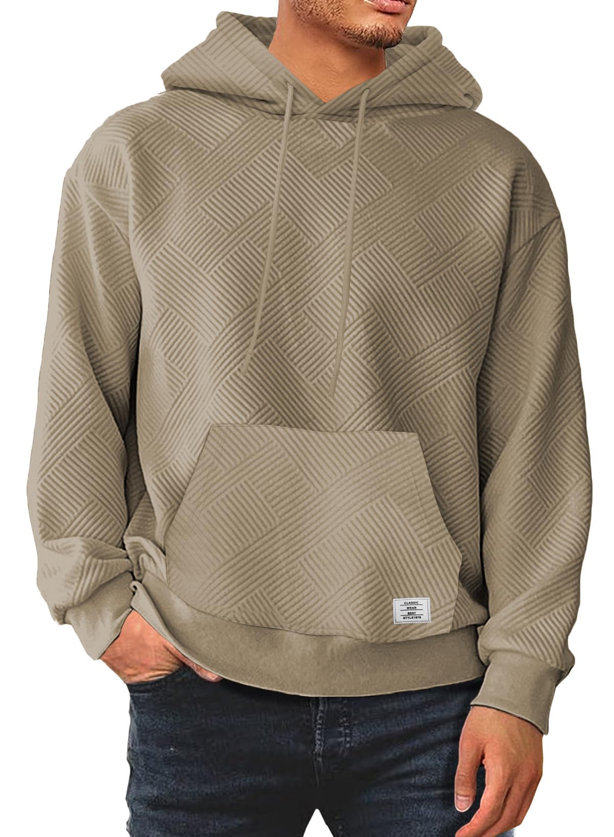 JMIERR Men's Lightweight Pullover Shirts Casual Regular Fit Geometric Texture Long Sleeve Hoodies Pullovers Sweater Jackets with Pockets, L, Light Brown