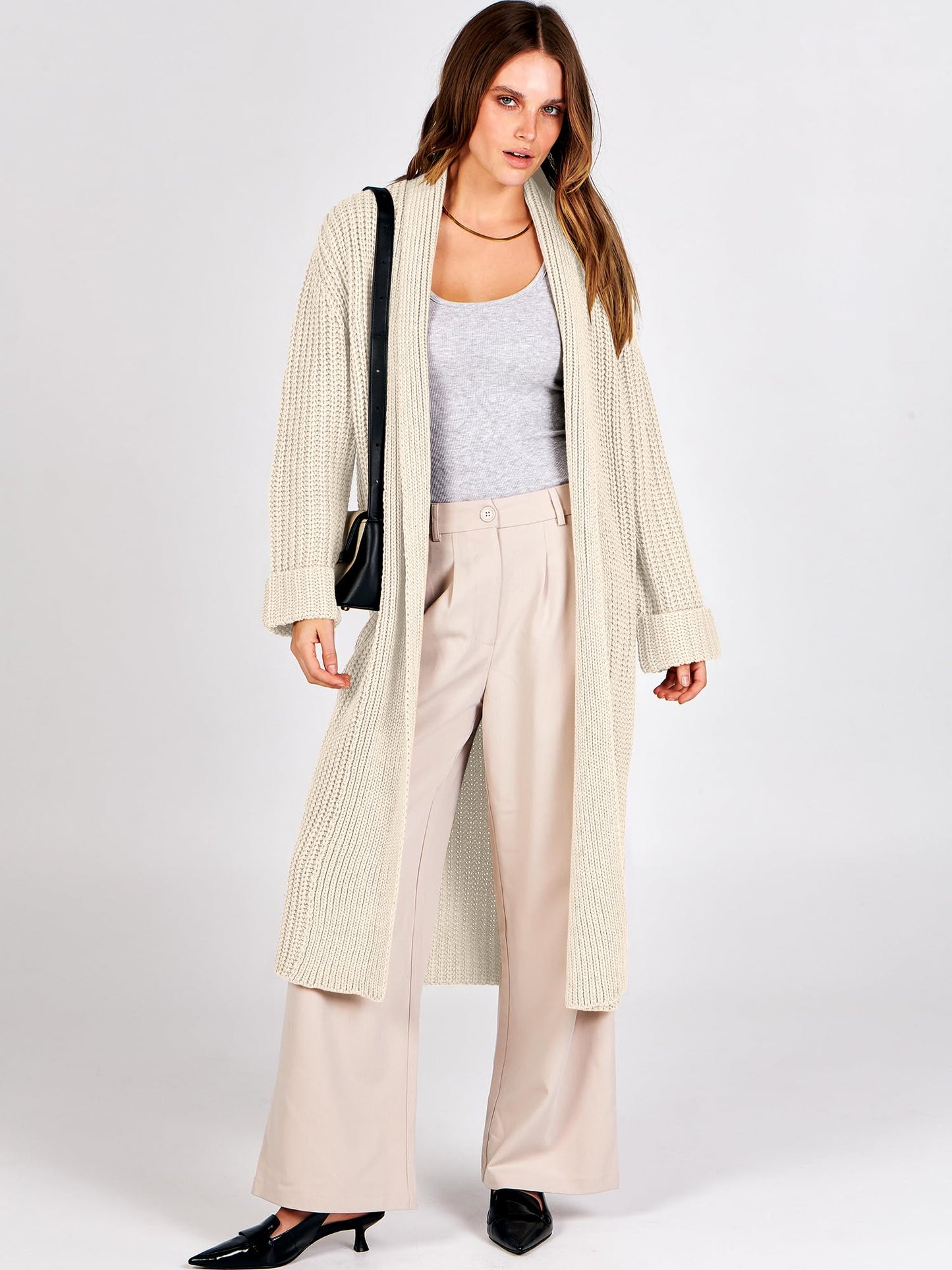 ANRABESS Women Knit Long Cardigan Long Sleeve Open Front Lapel Oversized Sweater Coat 2024 Fall Duster Outerwear Clothes Beige Medium