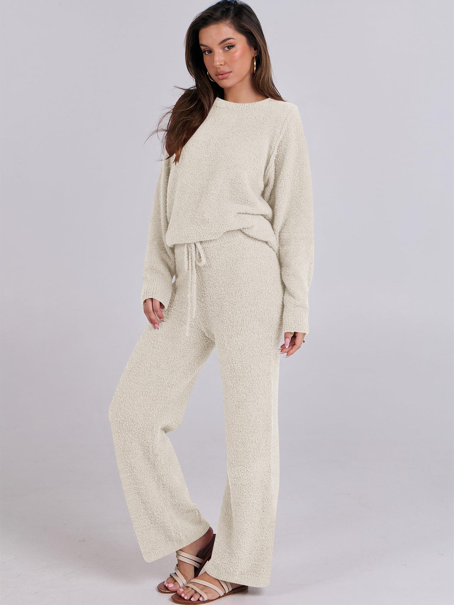 ANRABESS Womens 2 Piece Outfits Fuzzy Fleece Pajama Sets Long Sleeve Top Wide Leg Pants Lounge Matching Set 2024 Fall Trendy Beige Large