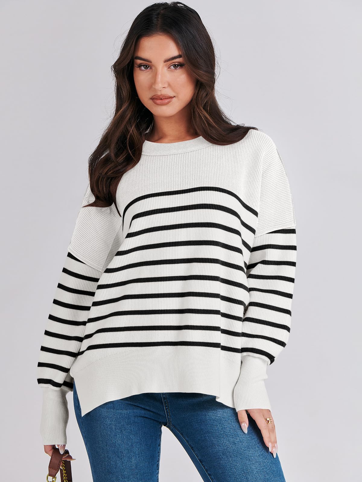 ANRABESS Womens Oversized Sweaters Fall 2024 Fashion Crewneck Batwing Long Sleeve Side Slit Knit Pullover Sweater Tops Stripe Black-M