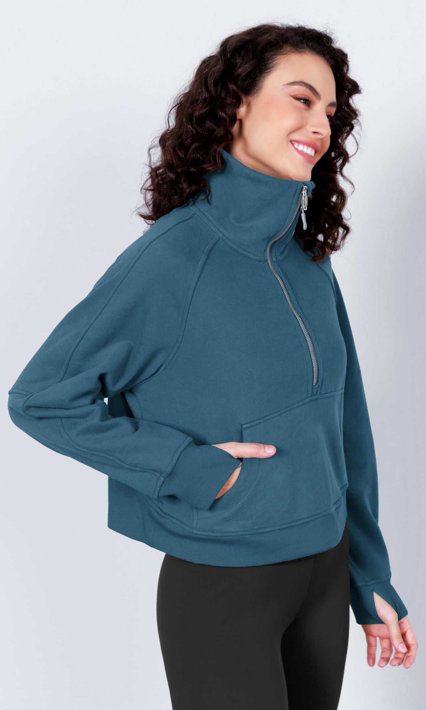 ODODOS Half Zipper Sweatshirts for Women Funnel Neck Fleece Lined Oversize Hoodies Cropped Pullover with Thumb Hole, Ink Blue, Medium