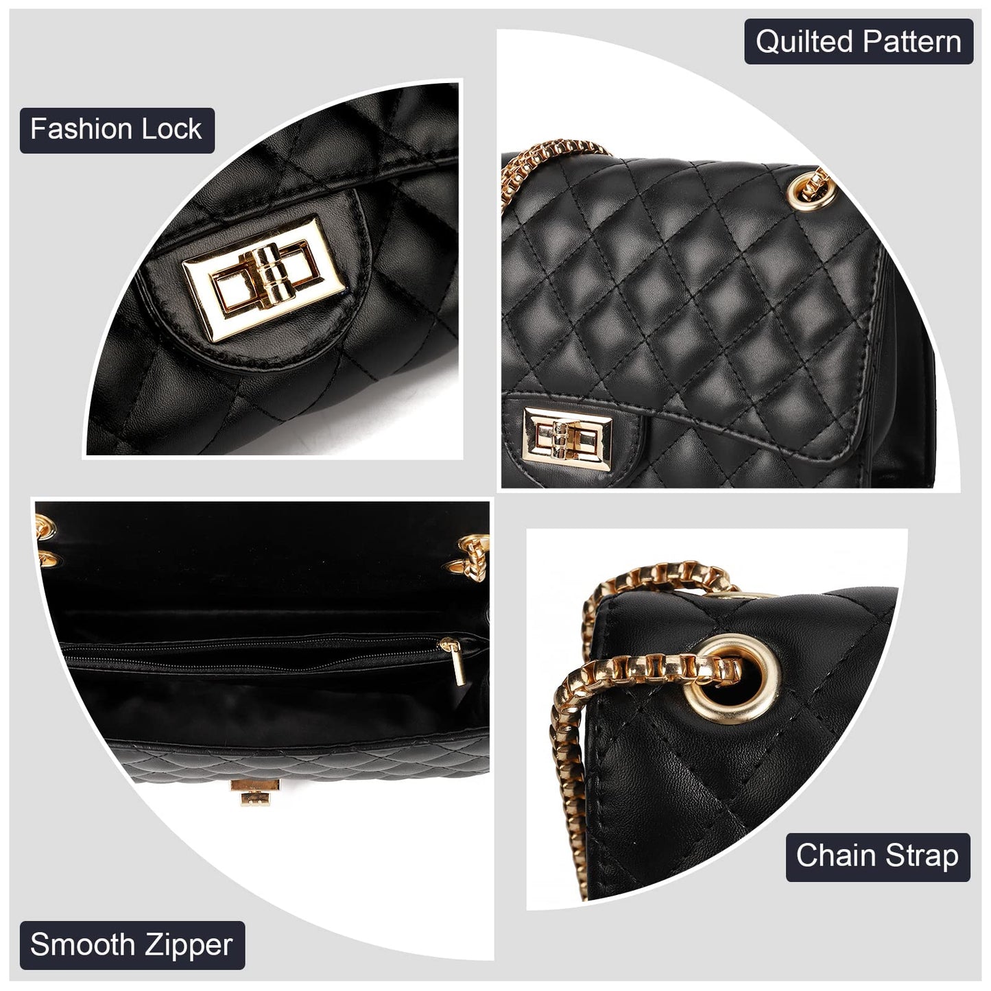 Gladdon Quilted Leather Crossbody Purse for Women Trendy Ladies Shoulder Bag with Chain Designer Purses Black I