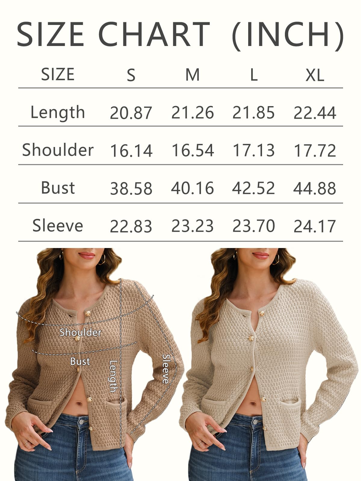 LILLUSORY Womens Crew Neck Buttons Cardigan Sweaters Dressy Casual Lightweight Jacket with Patch Pockets, Apricot, Small