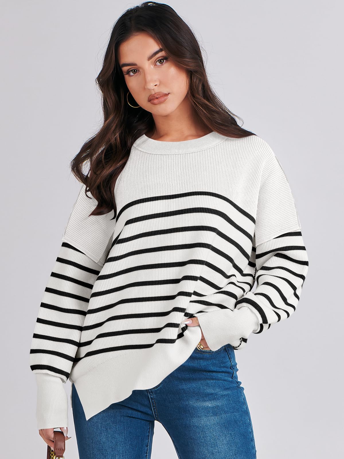 ANRABESS Womens Oversized Sweaters Fall 2024 Fashion Crewneck Batwing Long Sleeve Side Slit Knit Pullover Sweater Tops Stripe Black-M