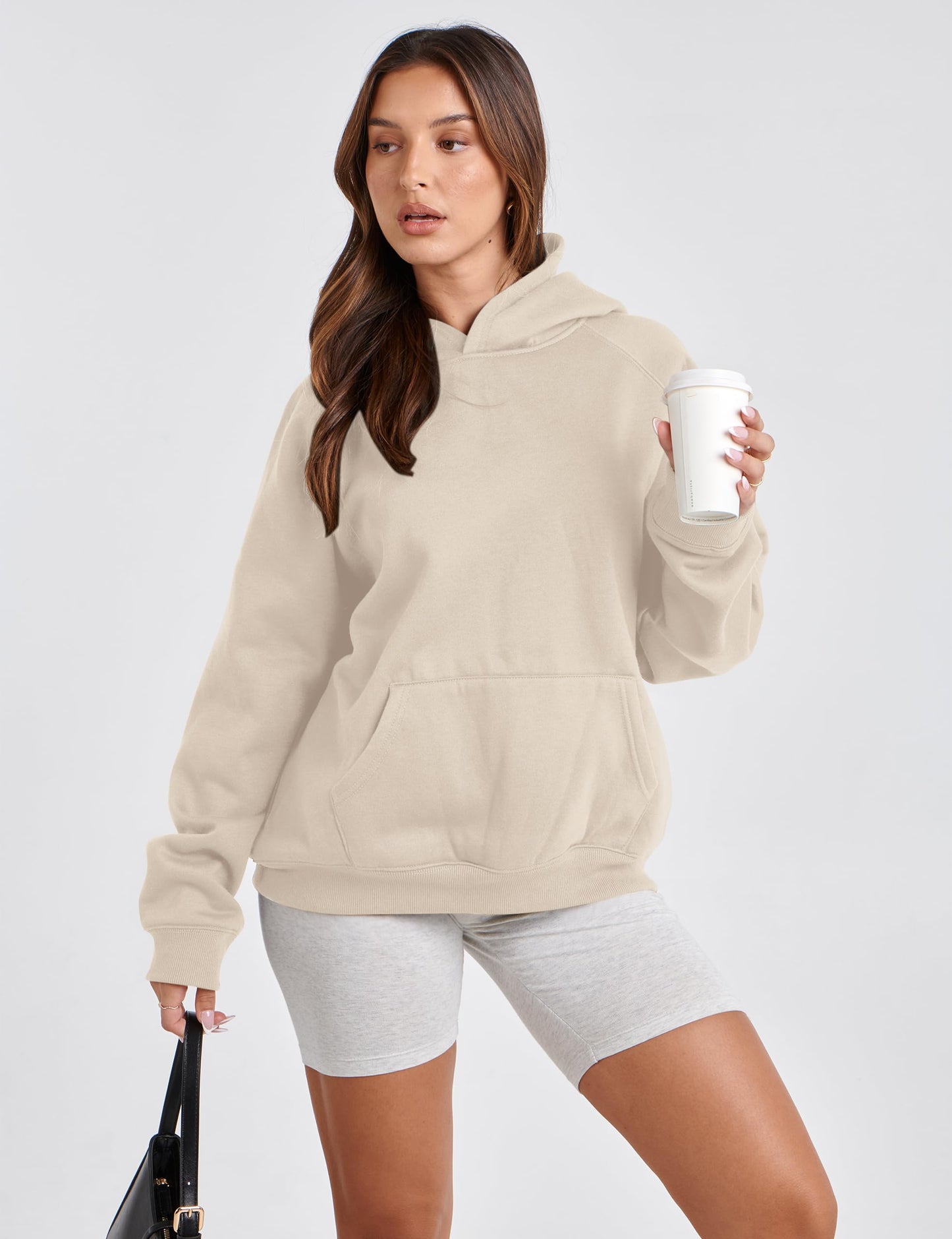 Lauweion Women Solid Basic Fleece Letter Loose Hoodie Sweatshirt Long Sleeve Kangaroo Pocket Drop Shoulder Pullovers Top Khaki