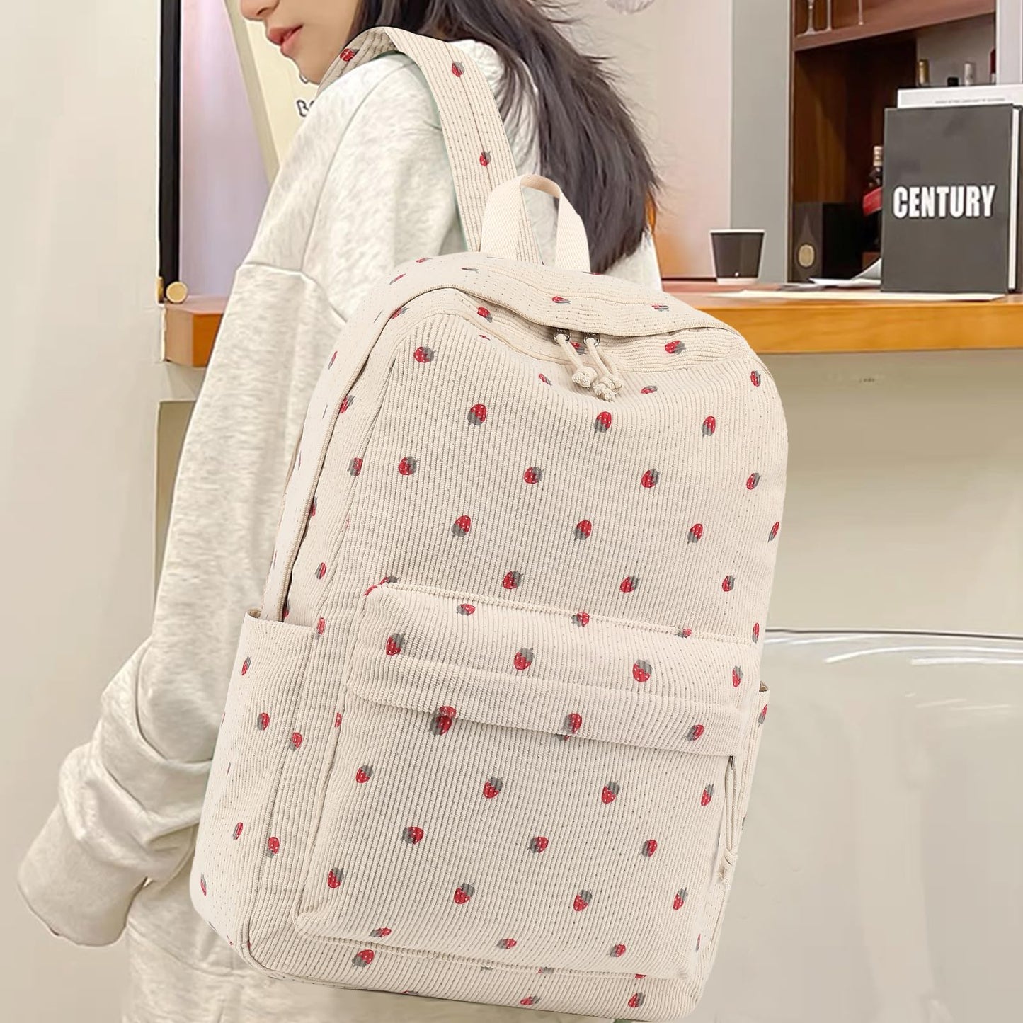 School Backpack for Teen Girls Bookbags Elementary High School Corduroy Laptop Bags Women Travel Daypacks (Strawberry Beige)