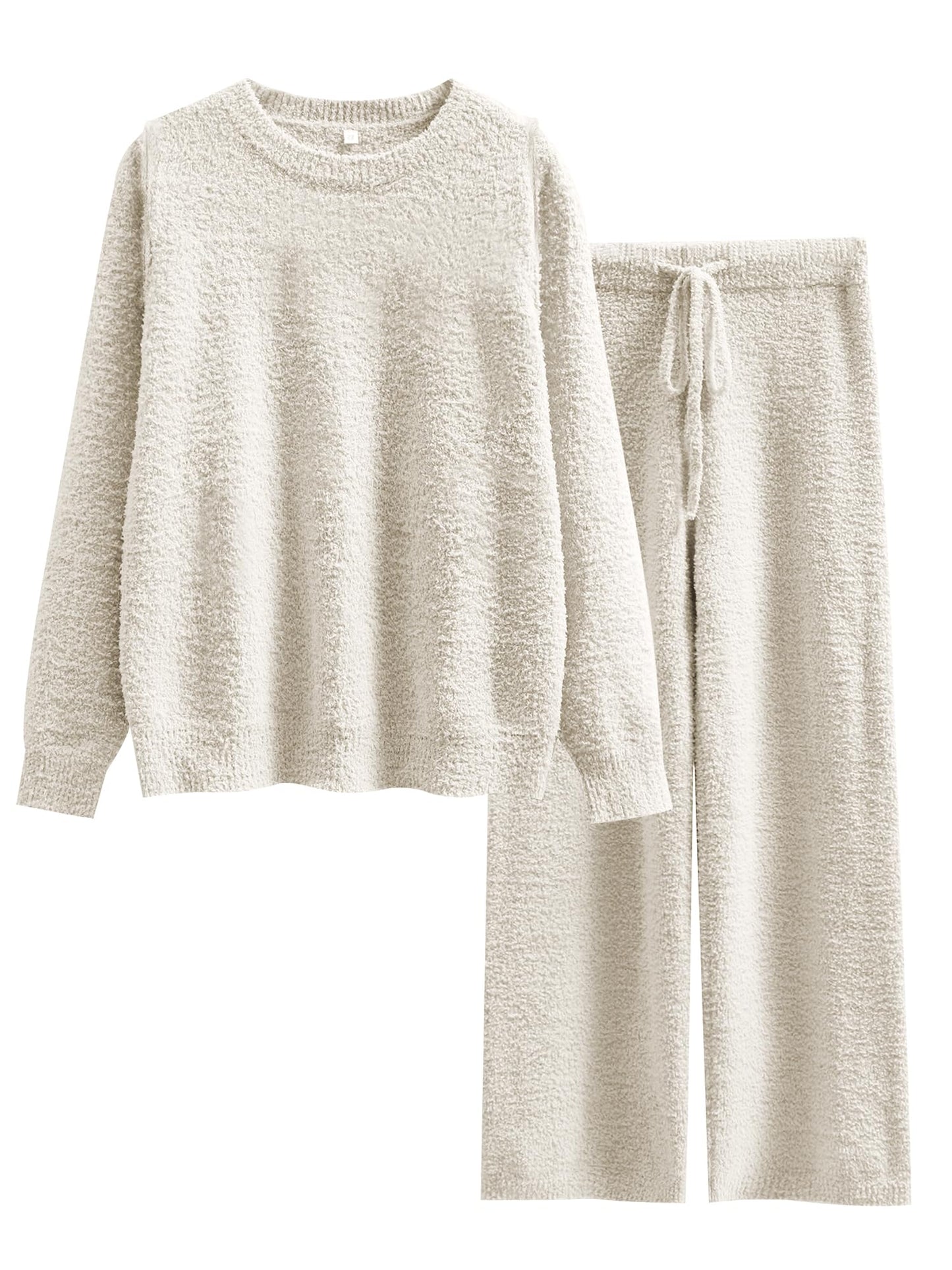 ANRABESS Womens 2 Piece Outfits Fuzzy Fleece Pajama Sets Long Sleeve Top Wide Leg Pants Lounge Matching Set 2024 Fall Trendy Beige Large